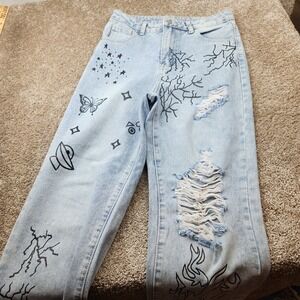 Womens Light Wash Graphic Custom painted Straight Leg Jeans Butterfly Stars 29W